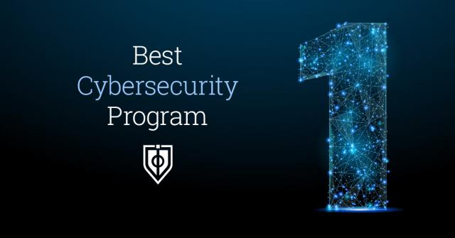 a blue background with the text "best cybersecurity program" above the Capitol Tech logo and next to a number one made out of a network of nodes