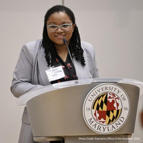 Capitol Tech Student Zoe Denito Speaks at Lt. Gov Roundtable Podium